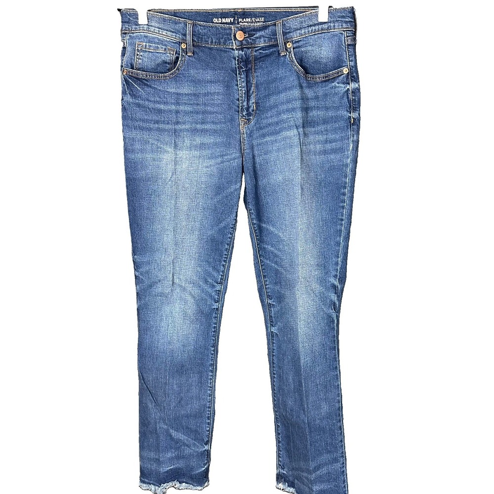 Woman's Old Navy Flare Mid Rise Jean 12 Tall Dark Wash Fringe Bottoms BoHo